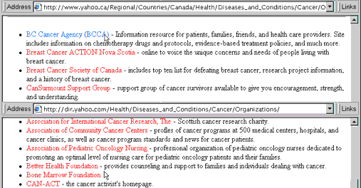 www.yahoo.ca (top) lists the BC Cancer Agency, which is missed by www.yahoo.com (bottom)